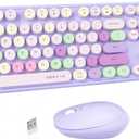 UBOTIE Colorful Computer Wireless Keyboard Mouse Combos, Typewriter Flexible Keys Office Full-Sized Keyboard, 2.4GHz Dropout-Free Connection and Optical Mouse (Purple-Colorful)
