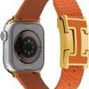 Leather Magnetic Bands Compatible with Apple Watch 11/10/9/8/7/6/5/4/3/2/1/SE/SE2/Ultra, Women Men Wristbands for iWatch 49mm/46mm/45mm/44mm/42mm/41mm/40mm/38mm (Orange+ Gold Buckle)