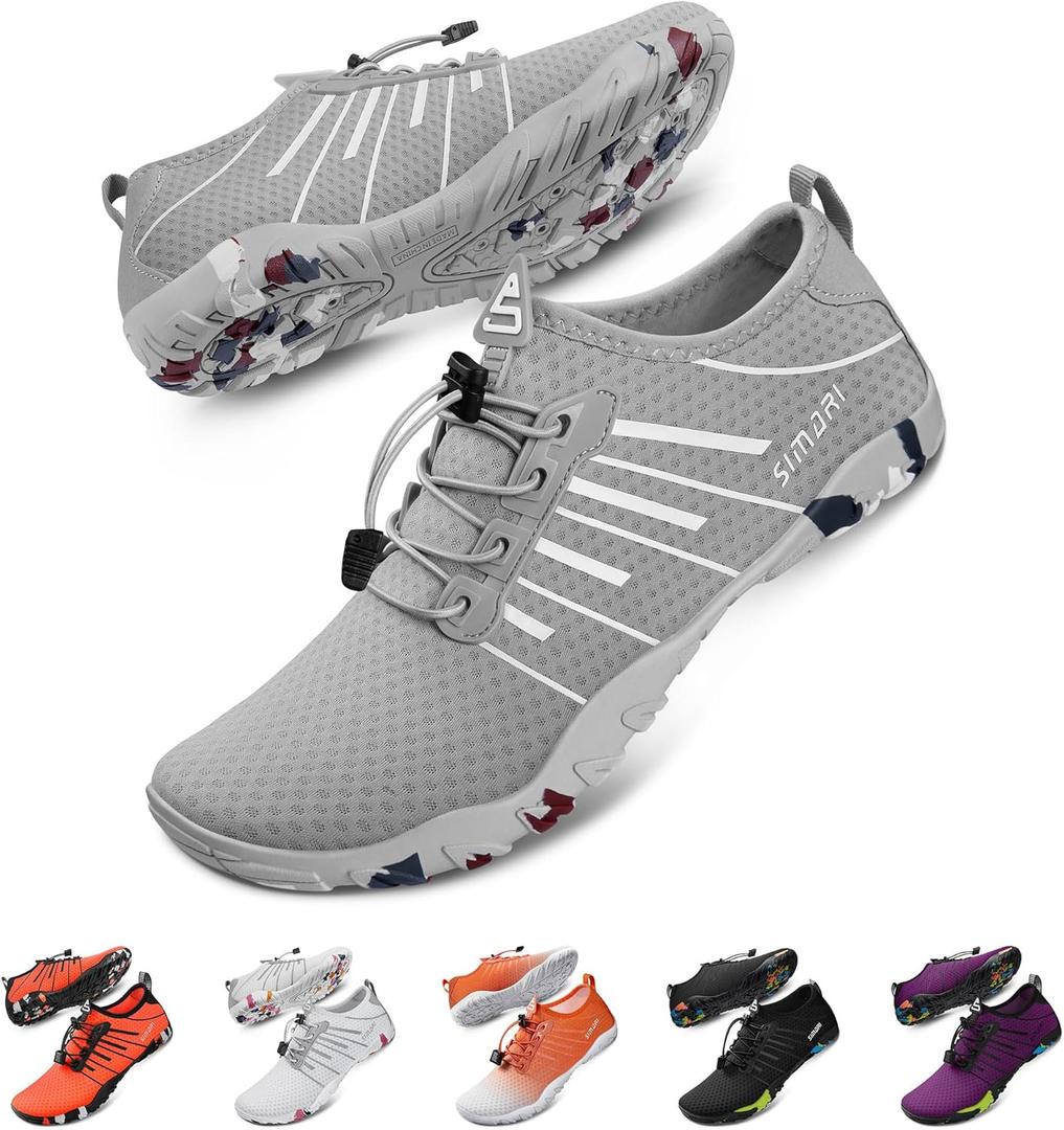 SIMARI Water Shoes for Women Men - Barefoot Quick-Dry Aqua Socks | Lightweight Swim Shoes for Surfing, Swimming, Beach Sports, Kayaking, Diving | Non-Slip Design (1v-print Gray, 8 Women/6 Men)