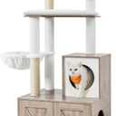 Feandrea Cat Tree with Litter Box Enclosure, 2-in-1 Modern Cat Tower, 55.1-Inch Cat Condo with Scratching Posts, Removable Pompom Sticks, Greige UPCT113G01