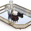 Vintage Gold Mirrored Vanity Tray  Decorative Perfume and Makeup Organizer with Handles for Dresser, Bathroom or Jewelry Display, Large Size 13.8" X 9.6" X2.2"