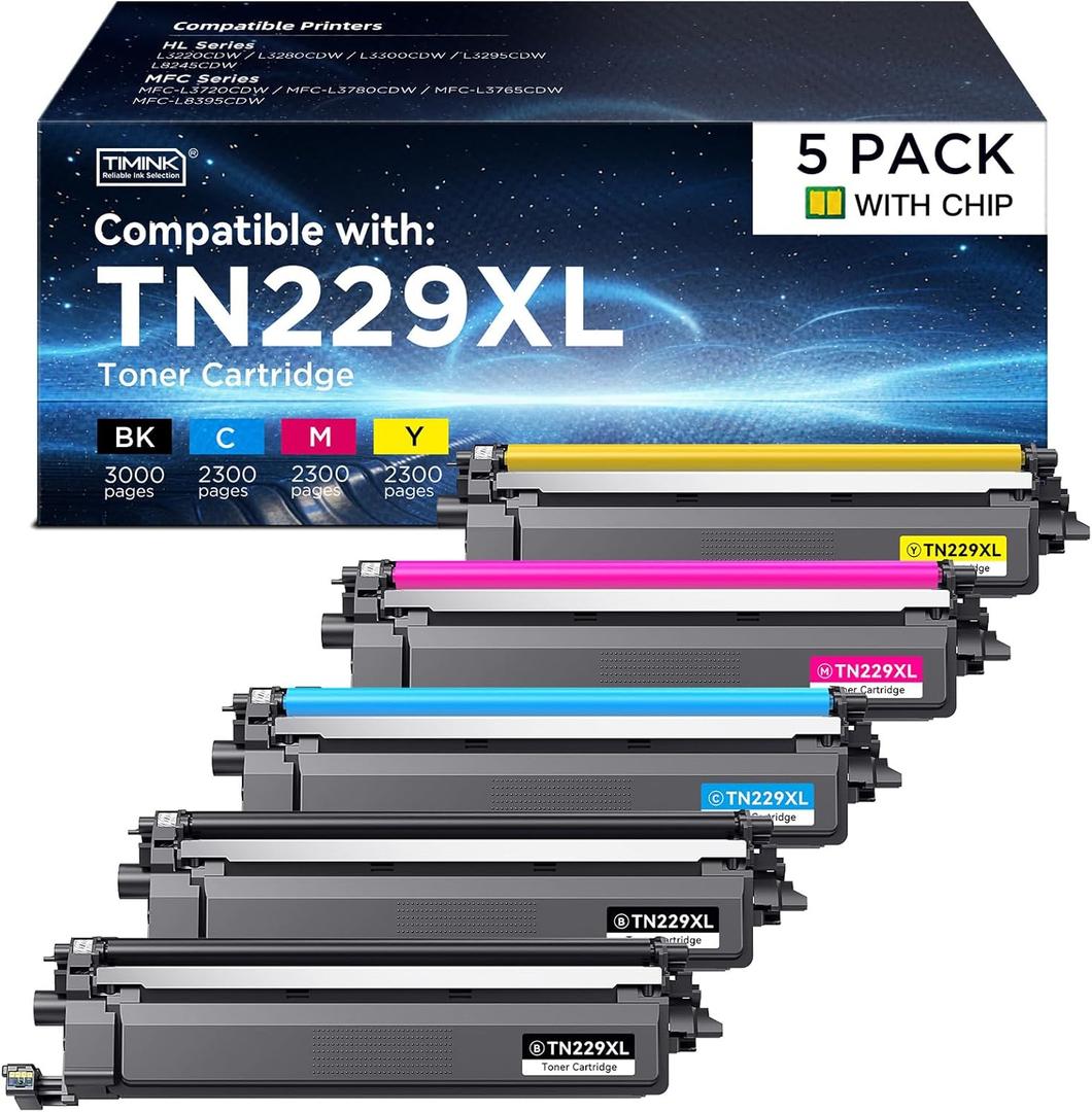 Compatible TN229XL Toner Cartridges Replacement for Brother TN229 TN229XL TN-229XL to use with MFC-L3720CDW MFC-L3780CDW HL-L3220CDW HL-L3280CDW HL-L3300CDW Printer (BK/C/M/Y-5 Pack)