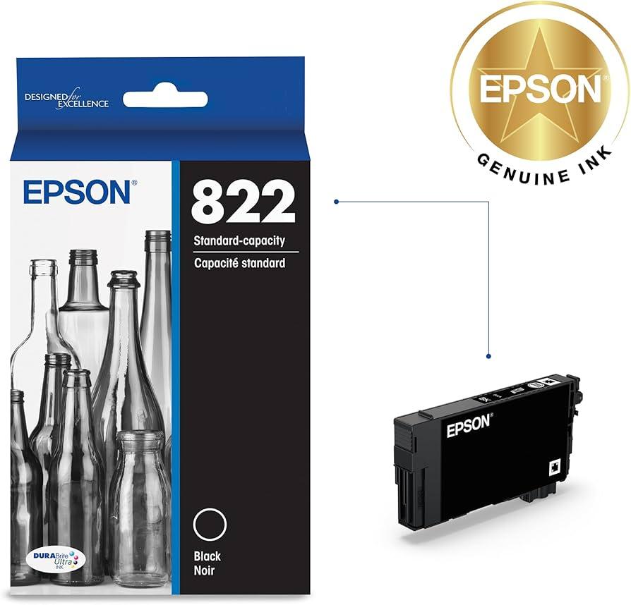 EPSON 822 DURABrite Ultra Ink Standard Capacity Black Cartridge (T822120S) Works with WorkForce Pro WF3820,3823, 4820, 4830, 4833, 4834