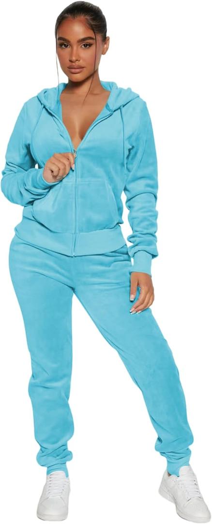 yidengymx Womens 2 Piece Velour Tracksuit Two Piece Soft Velvet Hooded Outfits for Women (Small, Hoodie/Jogger Pants-blue)