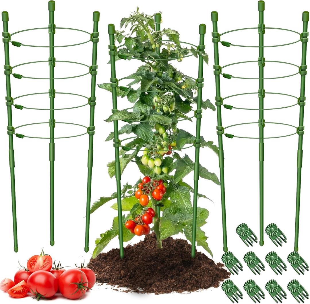 Legigo 3 Packs Plant Support Cages Tomato Cage for Garden- 36 Inch Adjustable Garden Cucumber Trellis Plant Stakes, Trellis Support Rings for Climbing Plants, Pots, Indoor Plants with 10 Plant Clips