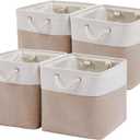 13 x 13 Inch Cube Storage Bins, 4 Pack Large Collapsible Fabric Storage Bin with Ropes, Foldable Storage Cubes for Home, Office,Closet, Clothes, Toys Organizer (White & Beige)