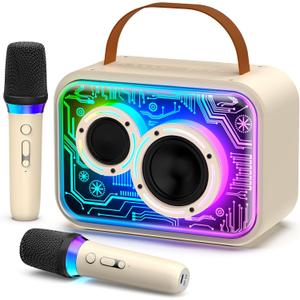 Karaoke Machine for Kids and Adults, Mini Portable Bluetooth 5.3 Karaoke Speaker with 2 Wireless Microphones, Popular Birthday Gifts for Girls Age 3-12+, Singing Machine with Party Lights (Beige)