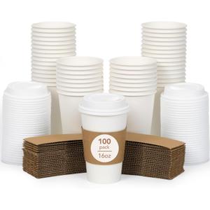 DAILYLIFE Pack of 100 16oz Disposable Coffee Cups with White Lids and Sleeves, Premium Thickened, Leak-Proof Paper Cups for Hot Drinks, To Go Cups for Home, Office, Parties, Travel