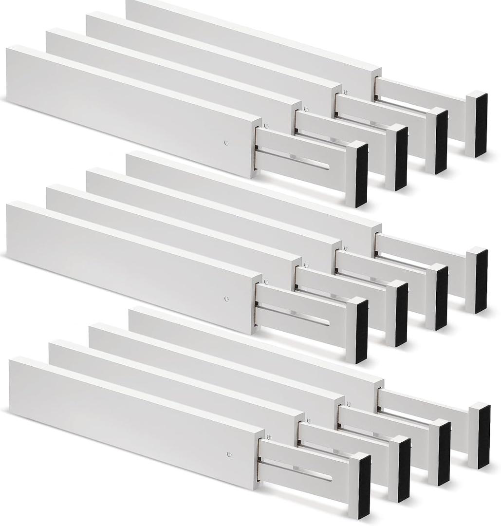Wesiti 12 Pieces White Bamboo Drawer Dividers Expandable Organization Separators Adjustable Drawer Dividers Dresser Organizer for Kitchen Bedroom(13''-17'')