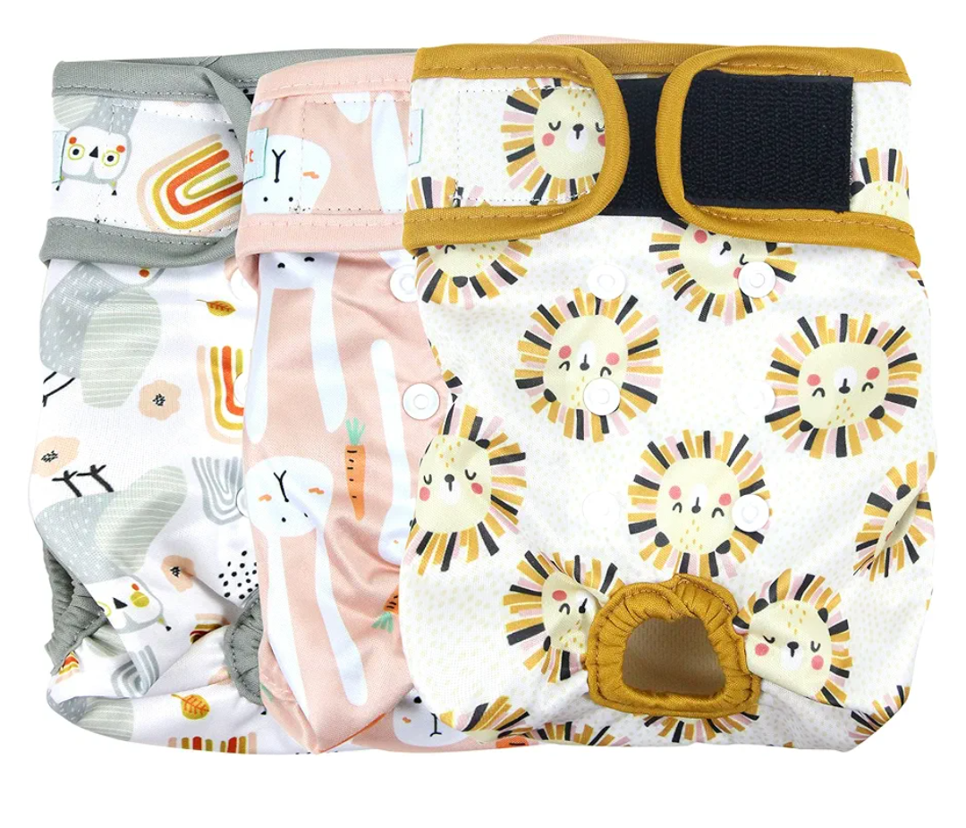 Langsprit Washable Female Dog Diapers (3 Pack) - Doggie Reusable Small Medium Large Dog Diapers for Doggy Puppy Female in Period - Highly Absorbent Dog Heat Panties (Medium,Rabbit, Owl, Lion) medium
