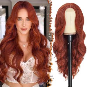 BARSDAR Long Wavy Copper Auburn Wig - Long Wavy Middle Part Copper Auburn Wig for Women - 26 Inch Natural Looking Thick Soft Synthetic Hair Replacement Wigs Daily Party Halloween Costume Wigs