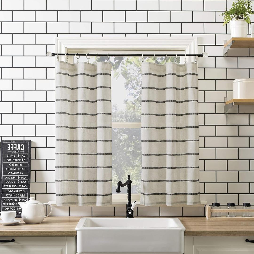Clean Window Twill Stripe Anti-Dust Allergy/Pet Friendly Anti-Dust Sheer Cafe Curtain, 52" x 36", Black/Linen
