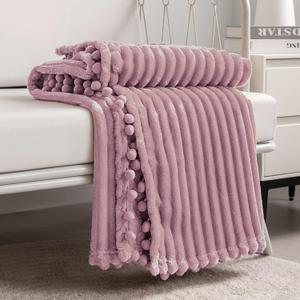DISSA Fleece Blanket Throw Size  51x63, Pink  Soft, Plush, Fluffy, Fuzzy, Warm, Cozy  Perfect Throw for Couch, Bed, Sofa - with Pompom Fringe - Flannel Blanket Throw Blanket