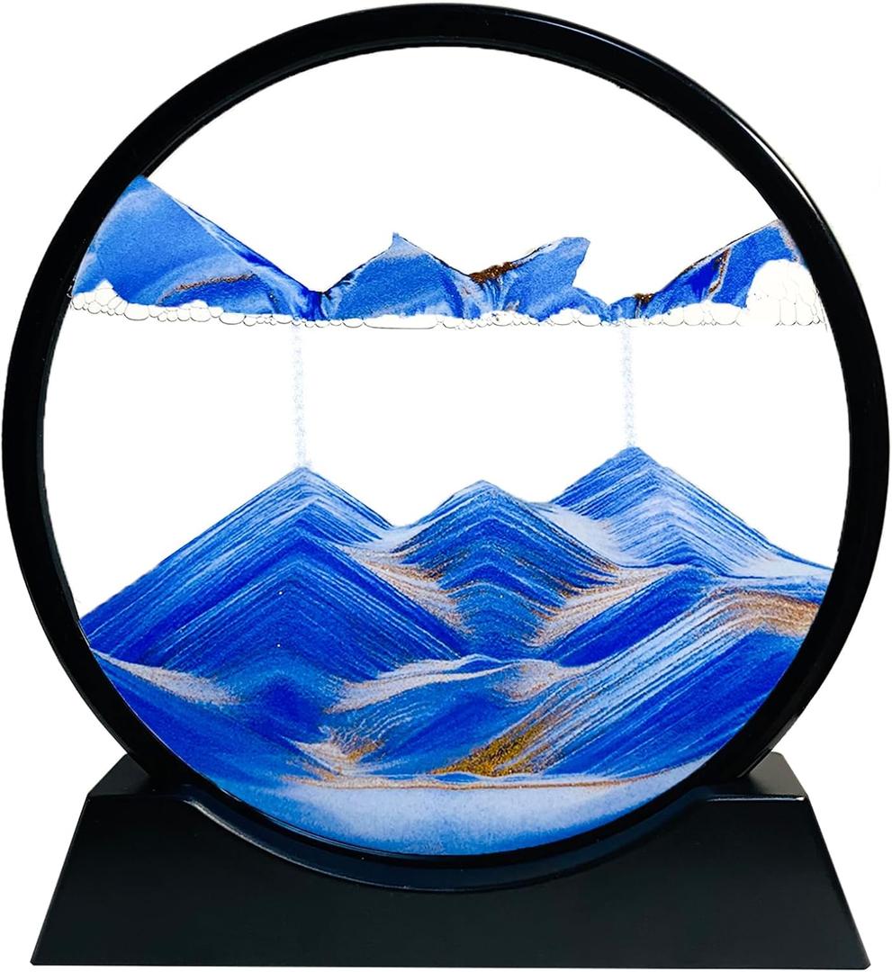 SANDCLE Moving Sand Art Liquid Motion - Moving Sand Art Picture Decor 3D Deep Sea Sandscape, Round Glass Frame Display Flowing Sand Relaxing Toy for Desktop Home Office Work Decoration(Blue, 12")