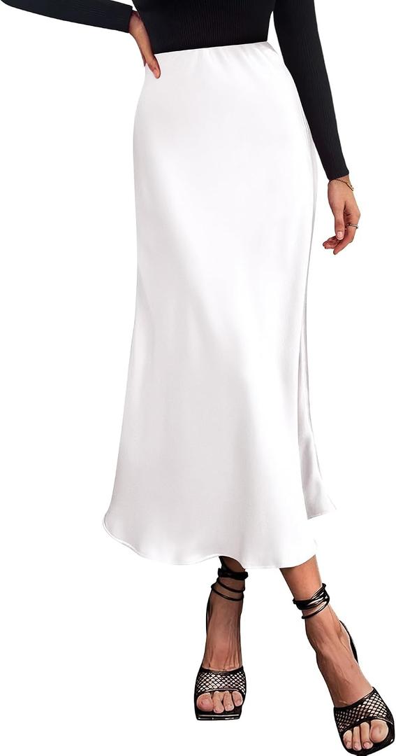 Women's High Elastic Waist Midi Skirt Solid Elegant Work Business Silk Satin Cocktail Long Flare A-line Skirts(Solid White, X-Large)