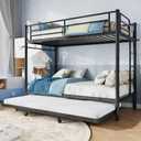 Jocoevol Triple Bunk Bed with Trundle, Twin Over Twin Bunk Bed for 3 Sleepers, Heavy-Duty Metal Frame with Full-Length Guardrail and Ladders, Family-Friendly Space-Saving Bed for Kids & Twin, Black