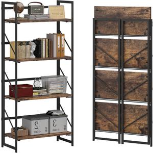 JSB No Assembly Folding Bookshelf, 4 Tier Industrial Metal Book Shelf for Storage, Vintage Wood Foldable Bookcase for Living Room, Bedroom, Office Organization Shelves