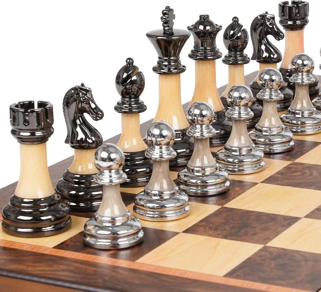 Luxury Large Chess Set 17 Inch Wooden Chess Board with Metal and Acrylic Chess Pieces, 3.5" King, 2 Extra Queens, Foldable Tournament Chess Set for Adults and Kids, Gift Display Chess Game Collection