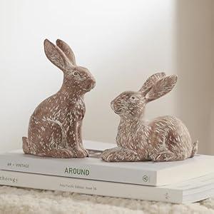 DN DECONATION Set of 2 Easter Bunny Figurines, Brown Resin Rabbit Statue Decor, Ornaments for Spring Home Decor, Bunny Decorations for Coffee Table Shelf Mantel, Decorative Rabbit Figurines Gift