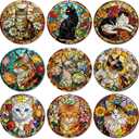 ANATTASOUL Animal Coasters Set of 9 Glass Cats and Flowers Colorful Wooden Coasters Bulk Round Housewarming Gift for New Home, 3.9" Decorative Coffee Table Protection for Farmhouse Bar Decor