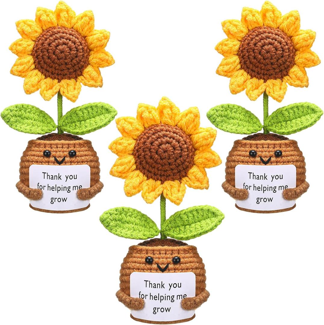 3 Pcs Christmas Teacher Gifts Positive Handmade Crochet Doll Thank You for Helping Me Grow Teacher Appreciation Gifts for Women Men Thanksgiving Home(Sunflower)