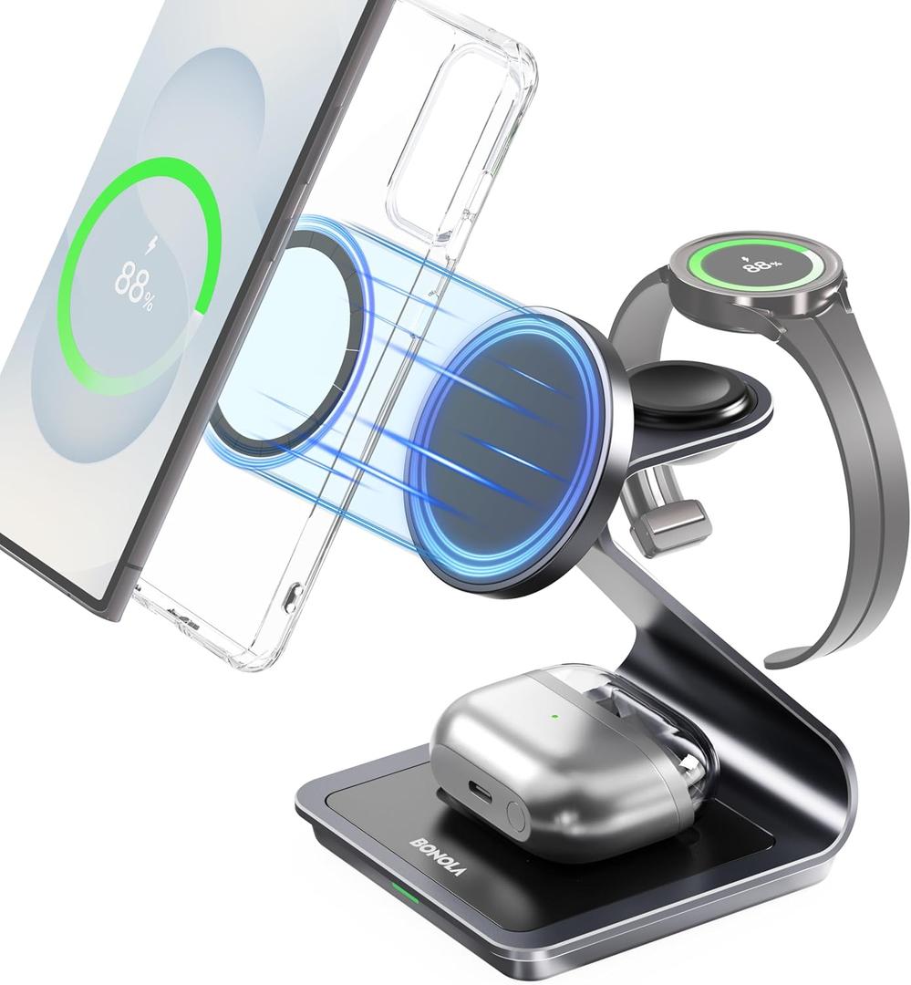 Wireless Charger for Samsung: Magnetic 3 in 1 Wireless Charging Station for Samsung S25 S24 Ultra S23 S22 S21, Aluminum Alloy Charger Dock Stand for Galaxy Watch Ultra/7/6/5/4, Buds 2/2 Pro