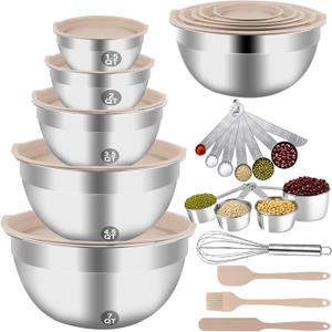 Mixing Bowls Set, 25PCS Khaki Mixing Bowls With Lids Set Stainless Steel Kitchen Large Nesting Metal Bowl 7QT to 1.5QT, Measuring Cups and Spoons for Prepping Cooking Serving