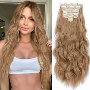 NAYOO Clip in Hair Extensions for Women 20 Inch Long Wavy curly Ash Blonde Hairpieces Full Head Synthetic Hair Hairpieces (6PCS, Ash Blonde)