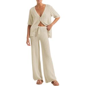 Imily Bela Women's Summer 2 Piece Swimsuit Cover up Crochet Knit Cardigan Tops Long Pants Set Bathing Suit Beach Outfit, Small