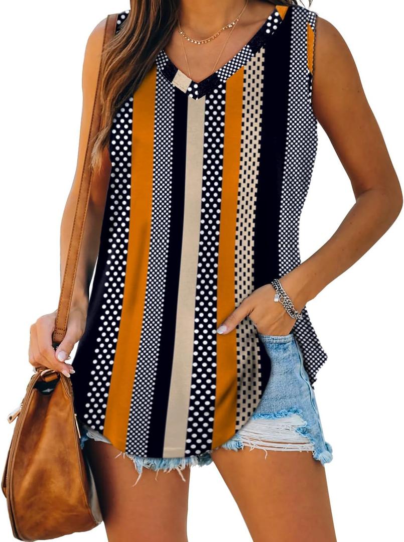 XIEERDUO Tank Tops for Women 2024 Fashion Loose Basic Sleeveless Flowy Floral Shirts M, 01-khaki Stripe