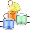 Domensi 4 Pcs Double Wall Coffee Mugs 10 Ounce Milk Glass Mugs with Handle Insulated Tea Cups Gift Set for Holidays Birthday Home Coffee Bar(Amber, Green, Blue, Yellow)