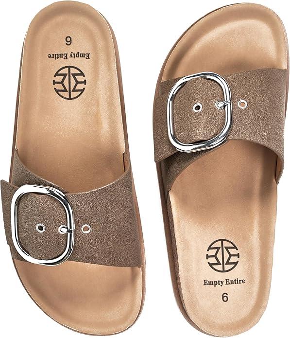 Women's Cork Sandals with Arch Support – Fashion Slides with Oversized Metal Buckle and Soft Microfiber Suede Upper – Comfortable Sandals for Wide Feet, High Instep, Swollen Feet 8.5
