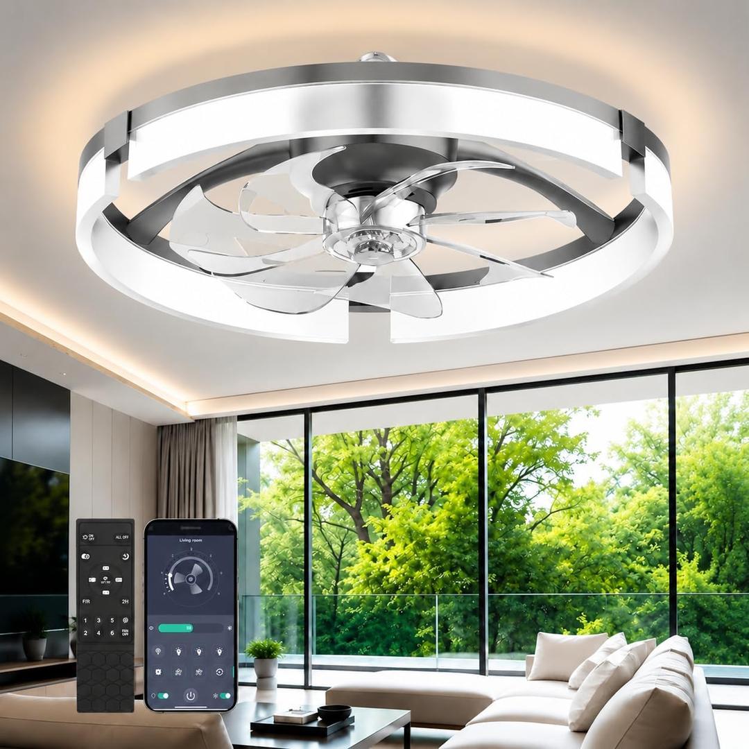 Aphyni Ceiling Fans with Lights and Remote, 20" White Low Profile Ceiling Fan, Modern Flush Mount LED Fan Light, 6 Wind Speeds Fandelier Ceiling Fan with Light for Bedroom, 3000-6500K Dimmable