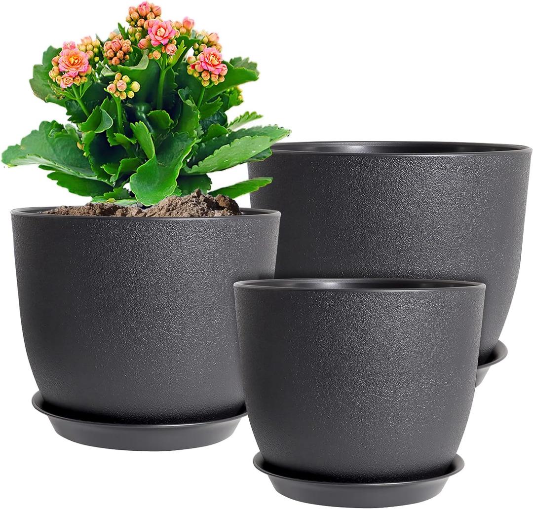 10/9/8 inch Medium Plant Pots, 3 Pack Modern Decorative Plastic Planters with Drainage Holes and Saucers, Flower Pots for Indoor Outdoor Plants, Black (10"+9"+8", Black)