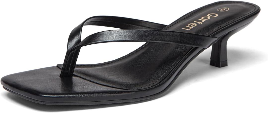 Women's Kitten Heel Sandals Square Toe Slip on Flip Flop Heels 2 Inch Thong Sandals Party Dress Heeled Sandals, Black US 8