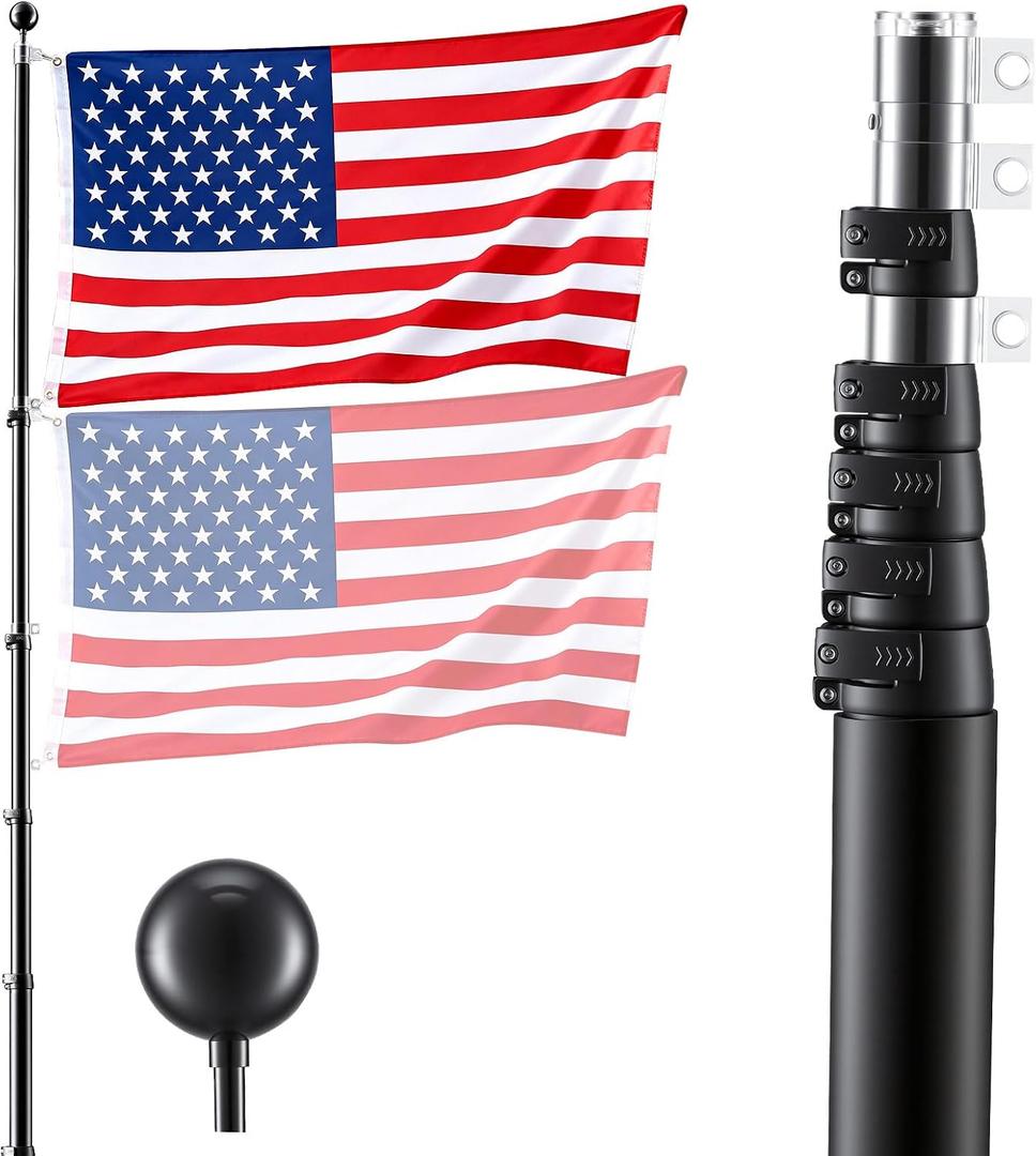 30ft Heavy Duty Telescopic Flagpole Kit for Outside House In Ground, Extra Thick Outdoor Aluminum Flagpole Kit with 3x5 American Flag for Yard, Residential or Commercial Use, Black