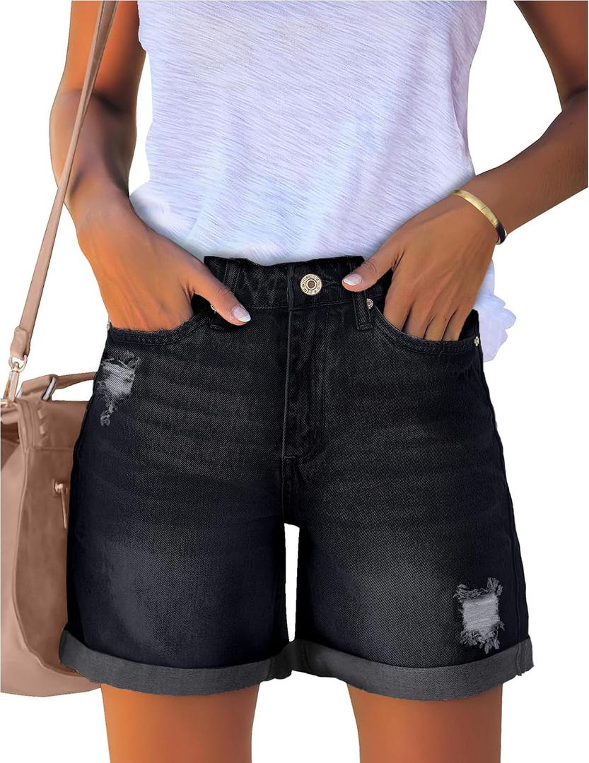 luvamia Women's Casual Ripped Denim Shorts High Rise Distressed Rolled Hem Jeans Shorts (Black, XL)