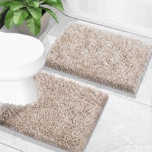 Yimobra Bathroom Rugs Sets 2 Piece, Soft Absorbent Bath Mat and U-Shaped Toilet Rug with Non Slip Backing, Luxury Shaggy Bath Mats for Bathroom, Machine Washable, 24"x17"+24"x20", Khaki
