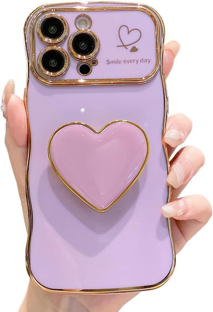 Compatible with iPhone 16 Pro Heart Holder case, Cute Wave Frame Curly Shape with Love Heart Kickstand Raised Camera Protection Cover Luxury Plating Shockproof Phone Case (Purple, For iPhone 16 Pro)