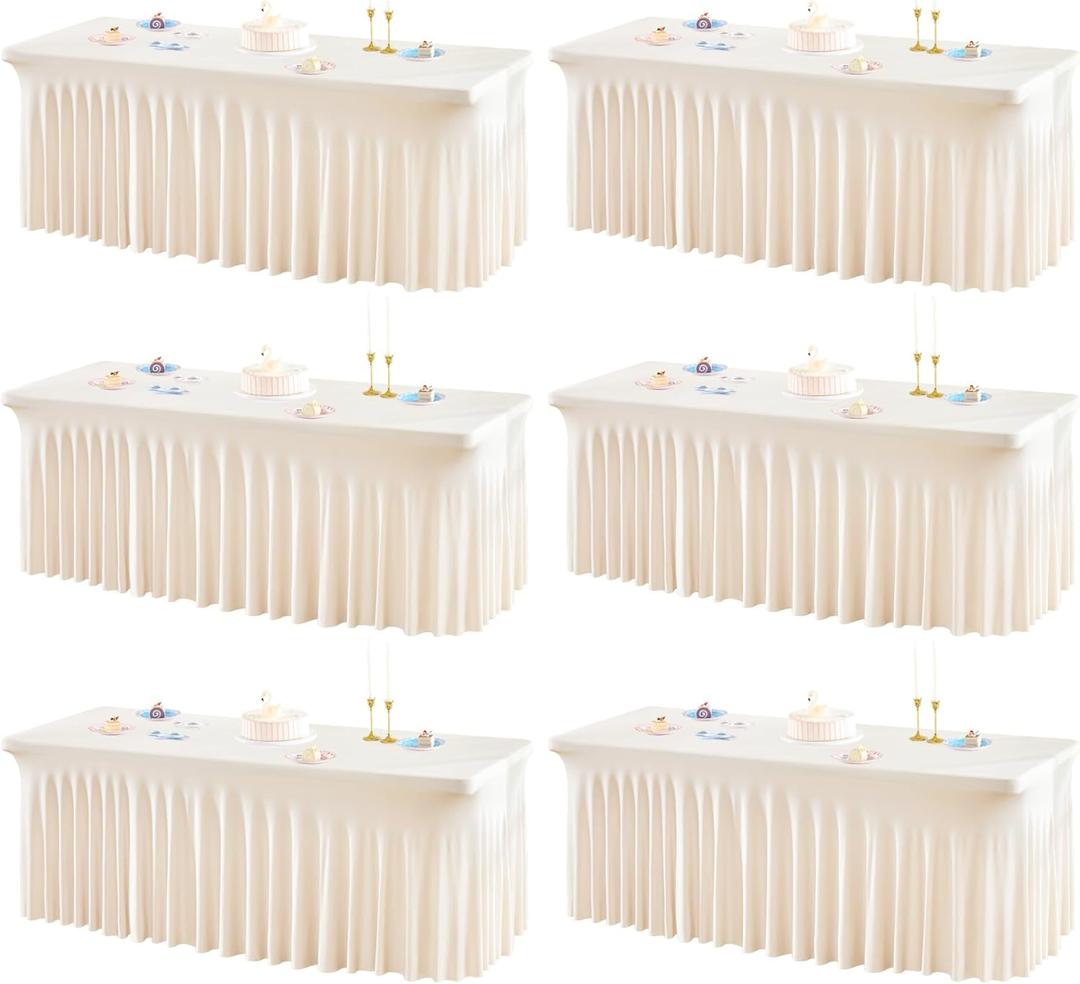 6 Packs Ivory Spandex Table Clothes for 6 Foot Rectangle Table, Spandex Table Covers 6FT Stretch Table Skirts Rectangle Tables Wrinkle Free Fitted Table Cover for Event, Wedding, Banquet & Parties