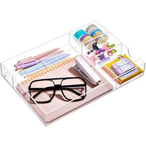 Briwooody Acrylic Desk Drawer Organizer 12.2 x 8.27 x 1.77 Inch Storage Tray Organizer for Pens, Stationery, Desktop, Office, Bathroom, Kitchen, Makeup Supplies(5 Compartments, Clear)