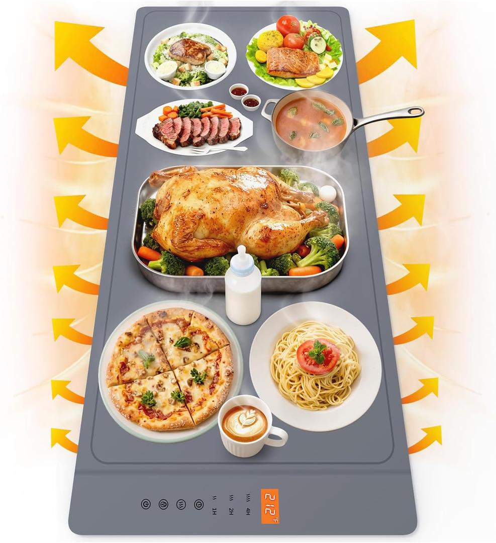 Warming Mat For Food Extra Large 36"x16" Quick, Full-Surface Heating Portable Food Warming Mat 6 Temp Levels, 8-Hour Timer, IPX7 Electric Warming Trays Rollable Silicone Food Warmer for Parties Buffet (Gray)