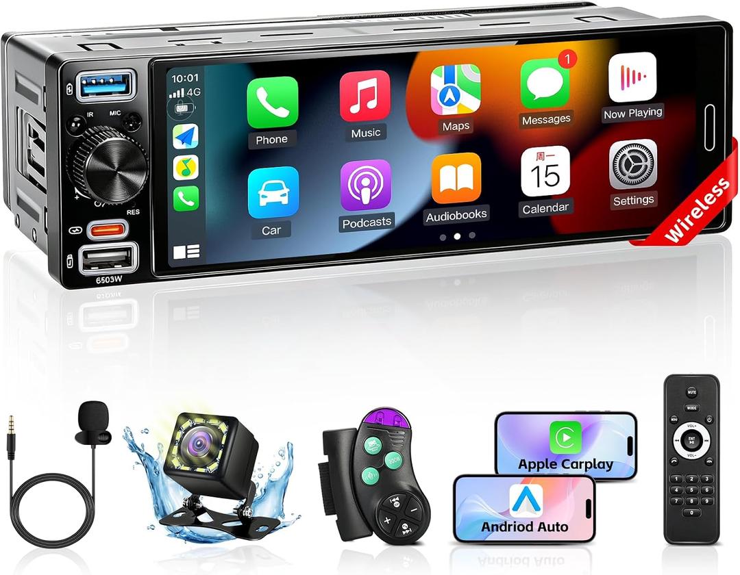 Single Din Car Stereo with Wireless Apple Carplay & Android Auto, 6.5" Full Laminated HD Touchscreen Car Radio with Bluetooth 1080P Backup Cam Navigation Mirror Link AM/FM USB & Type-C Charging EQ SWC