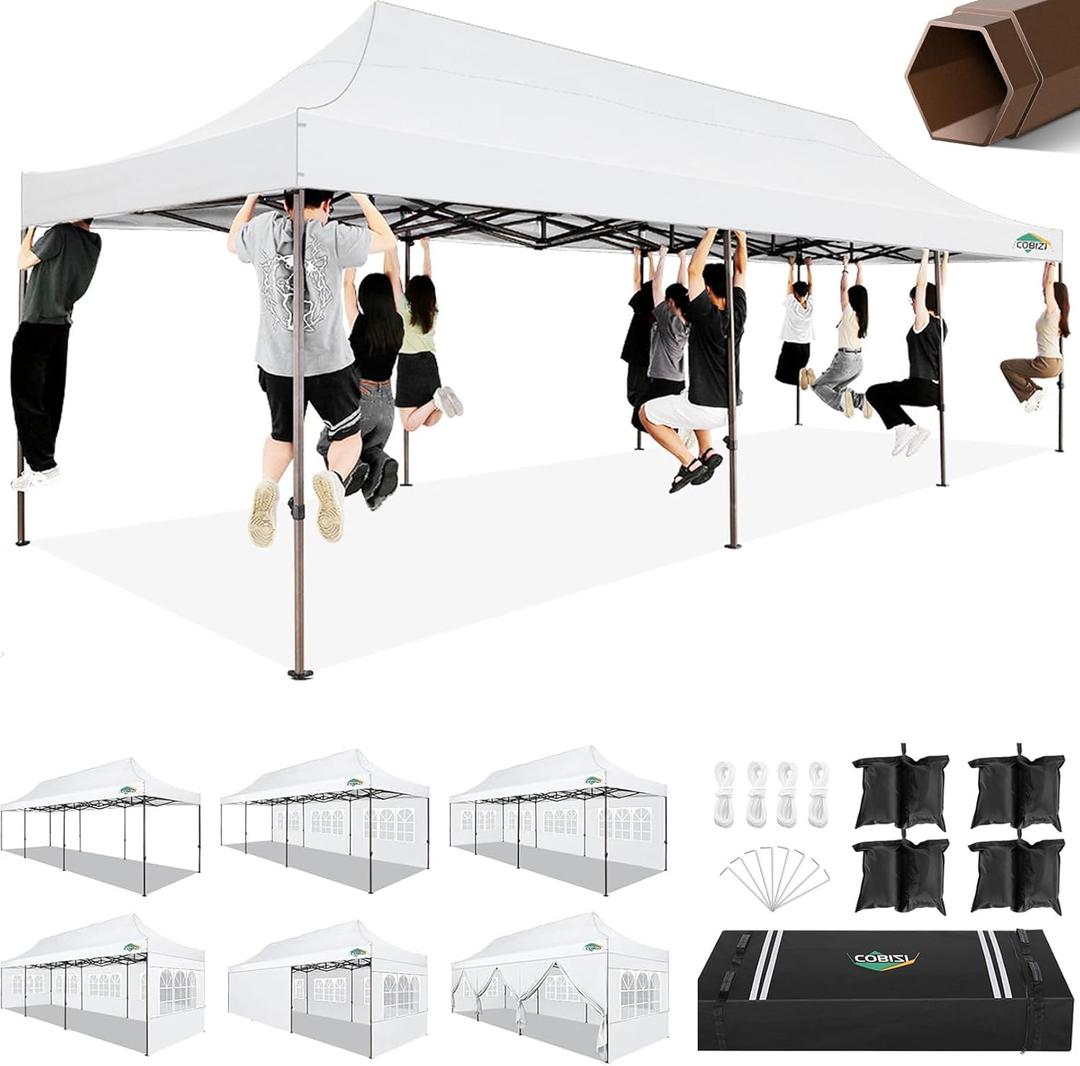 COBIZI 10x30 Heavy Duty Pop Up Canopy with 8 Sidewalls and Hexagonal Legs, Easy up Tent for Parties, Wedding and Commercial, Outdoor Canopy with Carry Bag, Sand Bags, Waterproof & UPF50+ (White) 