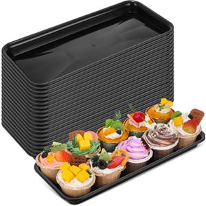 Ziliny 20 Pcs Serving Platters 14 x 6 Inch Rectangle Serving Trays Reusable Food Tray Dishes Dessert Trays Plastic Plates for Wedding Home Table Thanksgiving Christmas Party(Black)