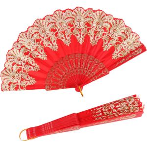 INNOLIFE Spanish Folding Retro Pattern Hand Fan for Women, Handheld Chinese Folding Fan Hand Fan for Party Dancing Wedding and Home Decoration (Red)