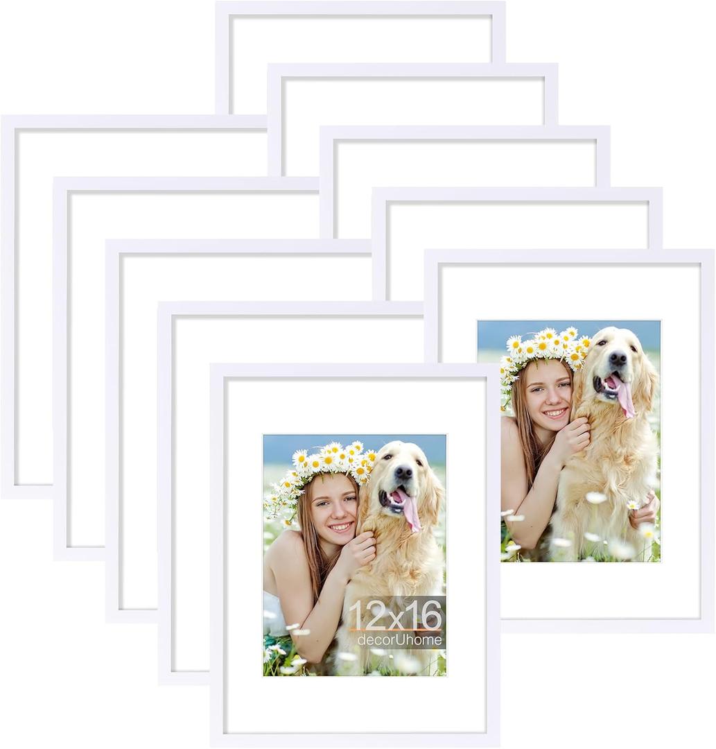 decorUhome 12x16 Picture Frame Set of 10, Display Photos 8.5x11 with Mat or 12x16 Unmatted for Picture Frames Collage Wall Decor, White