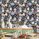 Black Floral Vintage Peel and Stick Wallpaper, Boho Colorful Renter Friendly Contact Paper for Bathroom, Kitchen, Botanical Removable Wall Decor for Cabinet, Countertop, Shelf Liner, 17.5 x 118