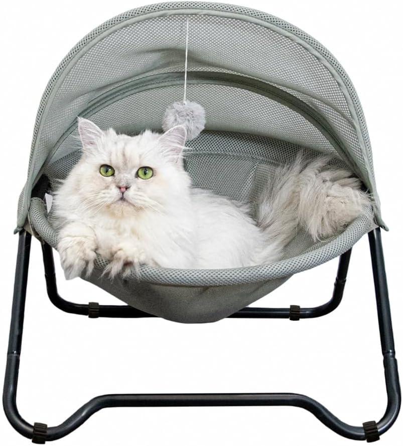 Cat Hammock Bed Elevated cat Bed, Comfortable and Breathable Pet Bed with Awning and Plush Toy, No-Tools Assemble, Cover Removable and Washable, Suitable for Indoor and Outdoor Use (Grey)