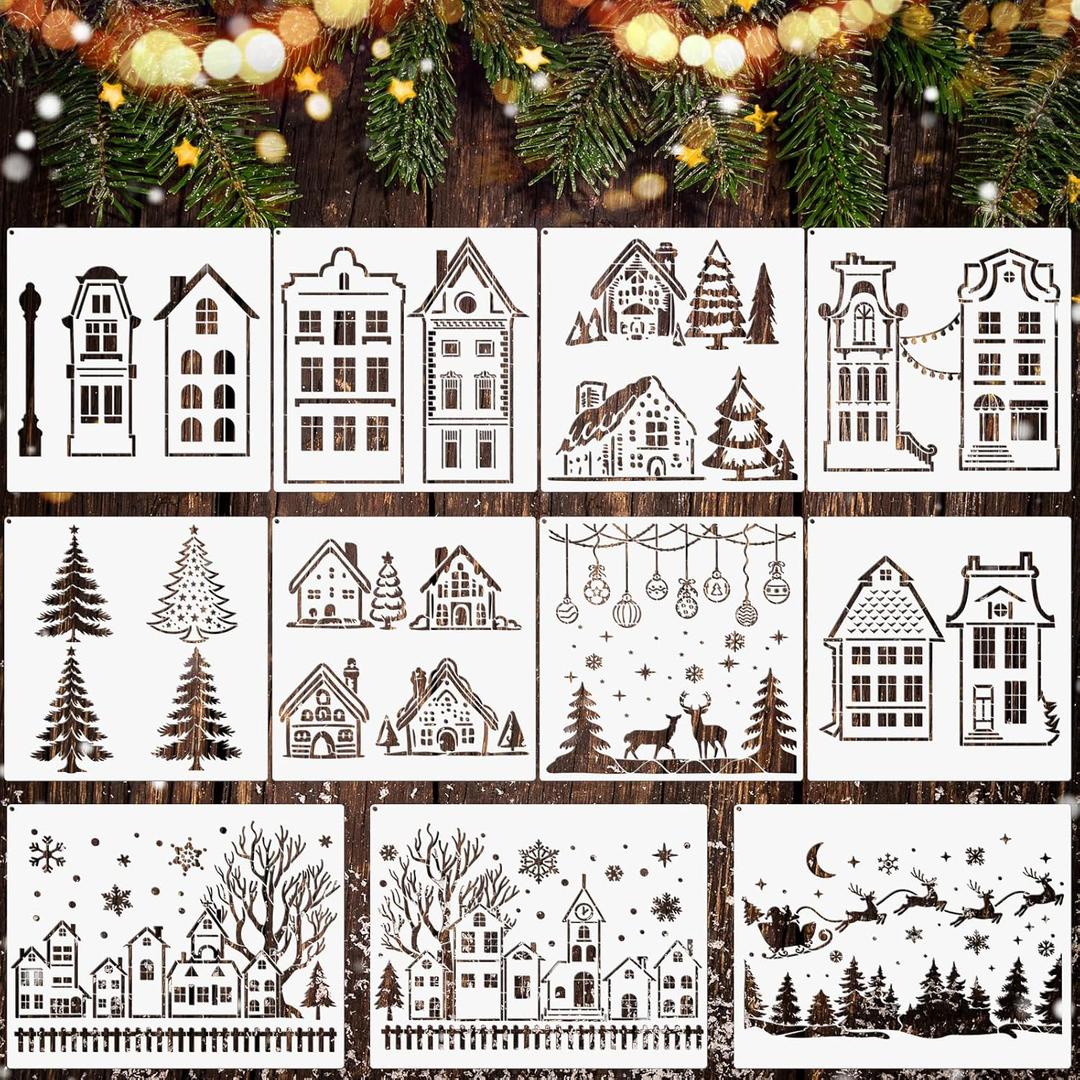 11 Pcs Christmas Stencils for Painting Xmas Windows Stencil for Crafts Reusable Large Winter Holiday Template with Metal Open Ring for DIY Wood Glass Wall Home Decor(Rustic Style)